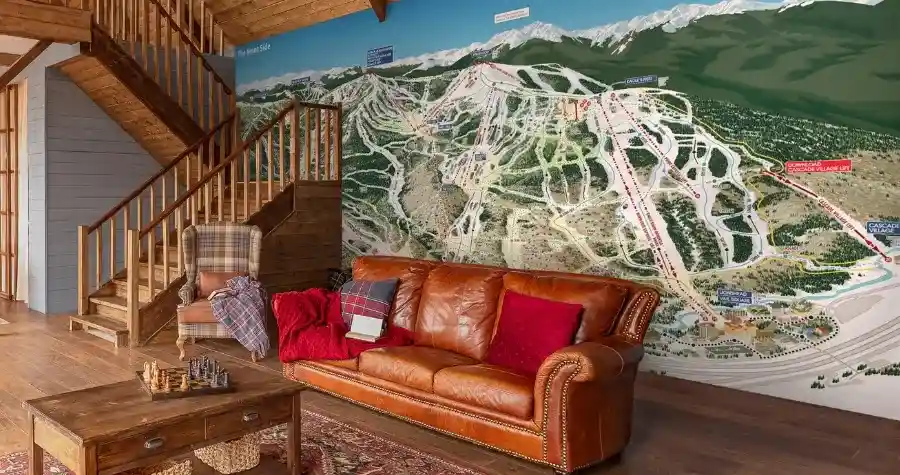 Vail Ski Trail Map Mural On the wall of a cabin living room