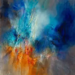 Abstract design with bold strokes of color in blues, whites, oranges and blacks