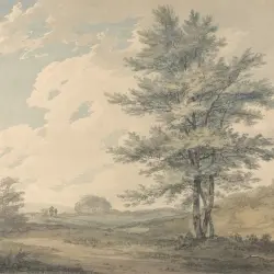 Vintage landscape artwork with two people and animals walking through the countryside with trees on a cloudy day