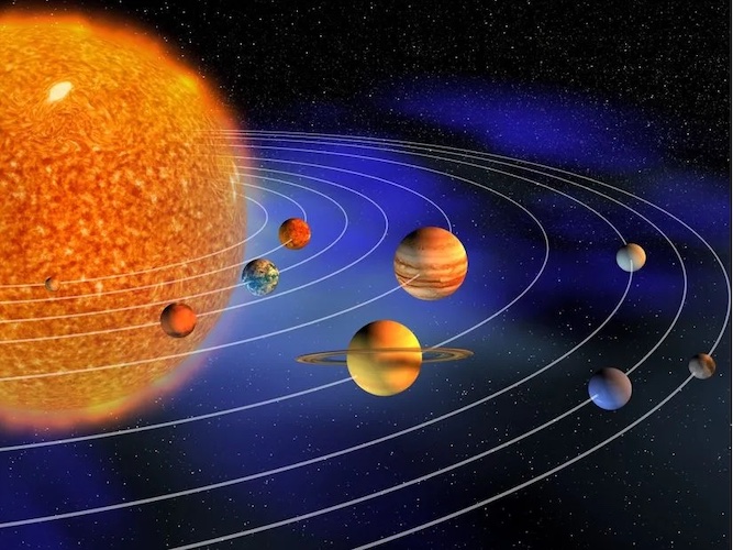 A 3d rendering of the sun and planets in our solar system