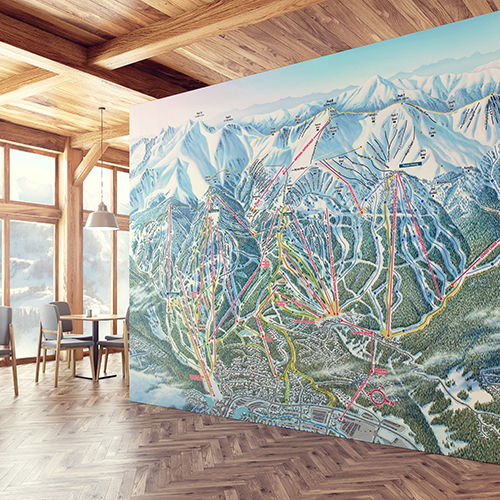 Mural of a ski trail map in a restuarant