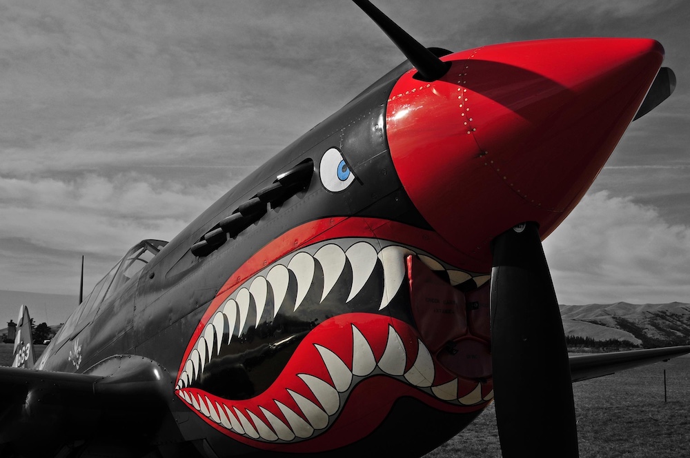 Front of a WWII bomber with shark teeth