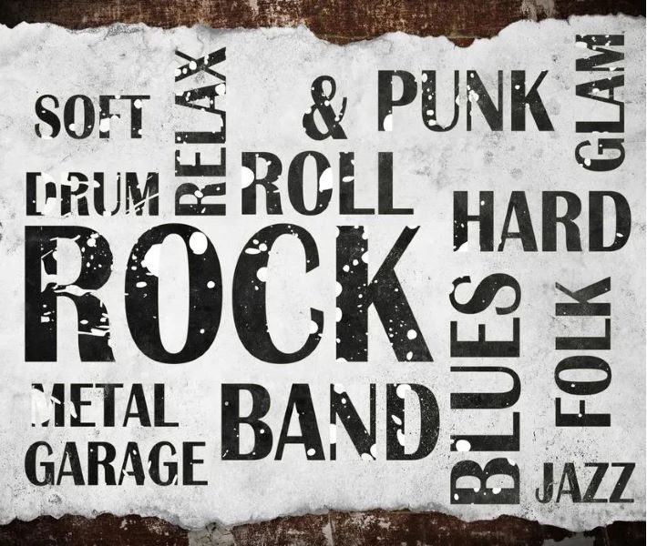 Grey grunge style word cloud mural of music genre terms