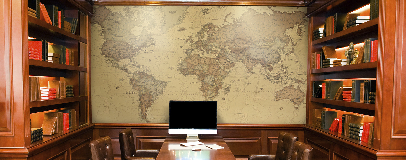 Ancient geographic map of the world wall mural in library