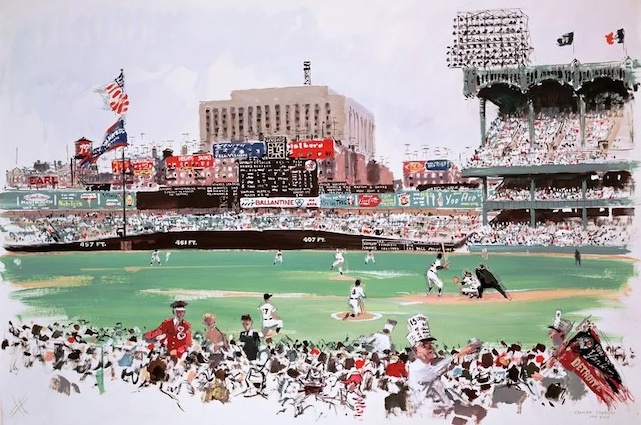 Historic looking watercolor painting of a baseball game at Yankee Stadium