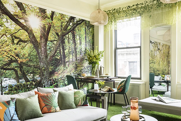Custom forest wall mural in living area