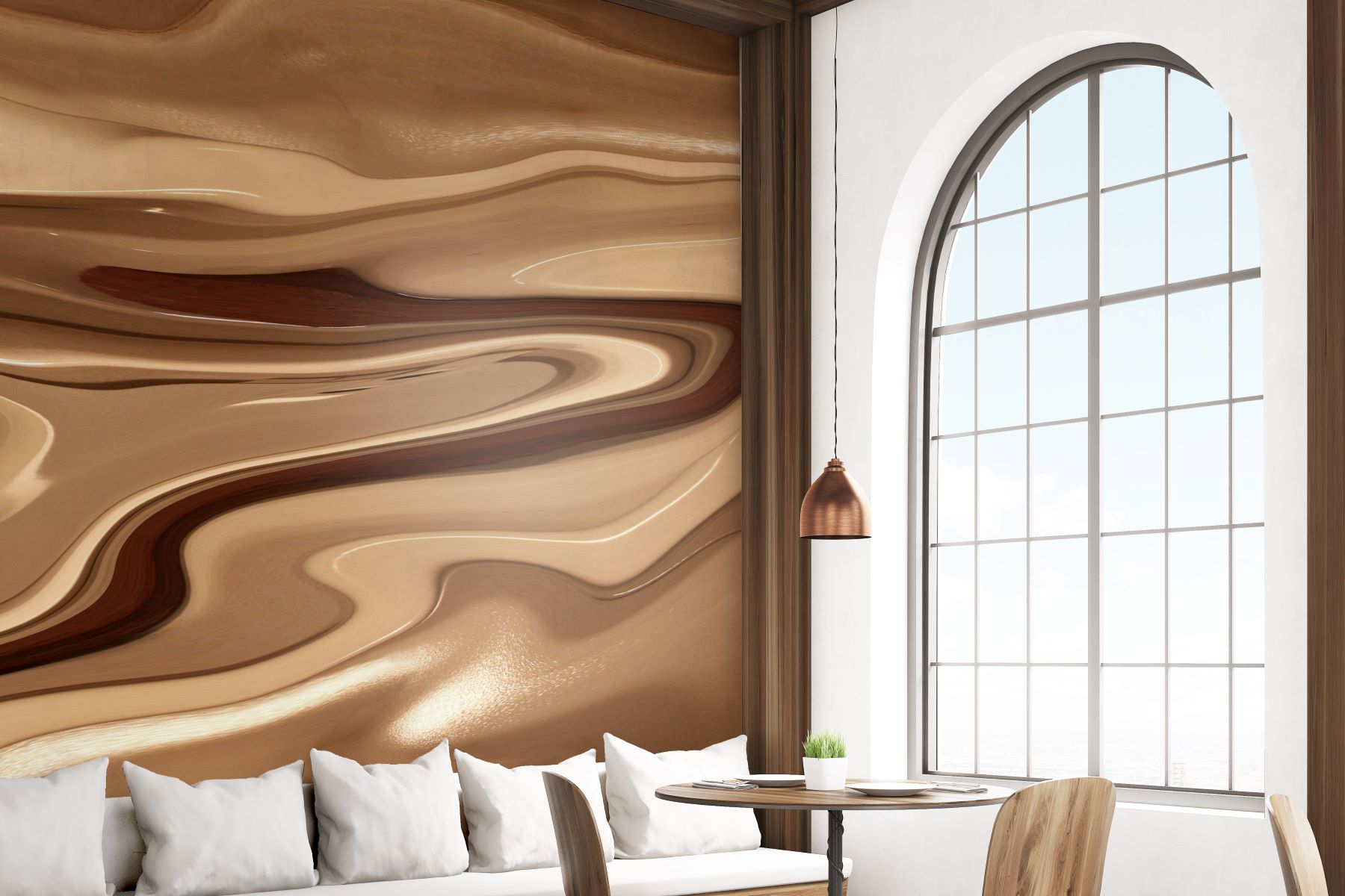 Mocha colored swirled abstract mural in a restaurant