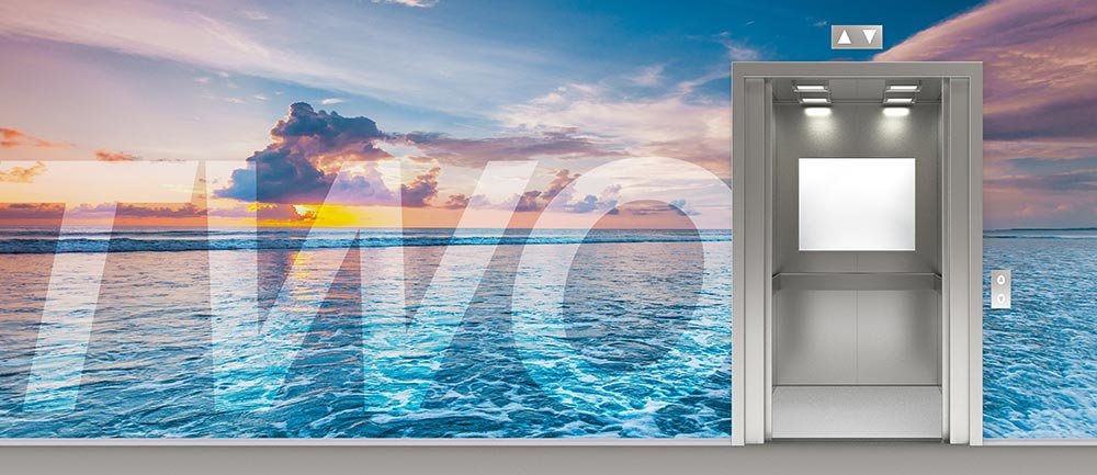 Wall Mural Of A Sunset Sky And Blow Ocean Water With Small Waves Surrounding An Elevator On 2nd Floor