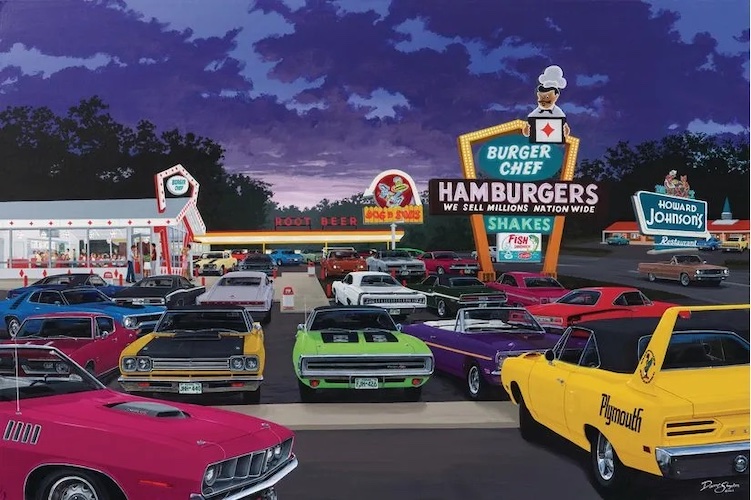 Illustration of classic cars sitting in the parking lot of a 1950 hamburger spot