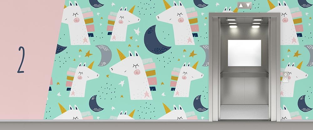 Adorable Cartoon Unicorn Pattern Wallpaper Surrounding An Elevator