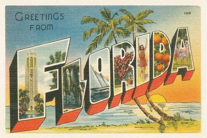 Vintage postcard featuring iconic sights from Florida