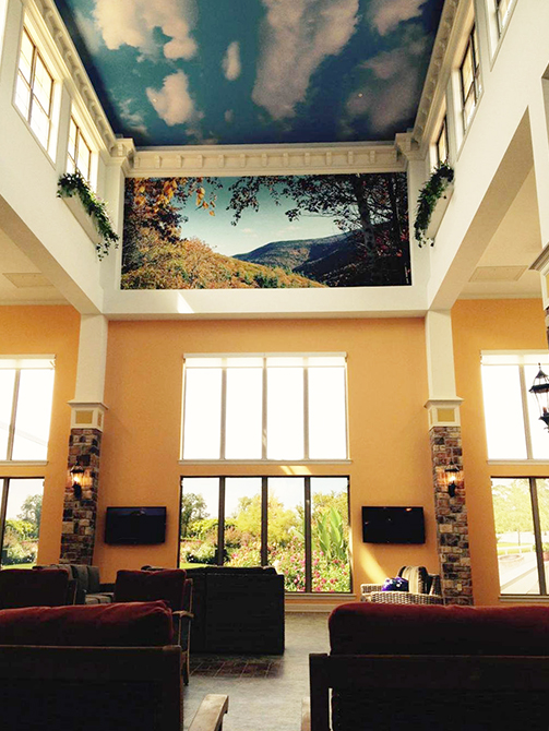 Cloud sky ceiling mural and hill tree landscape wall mural