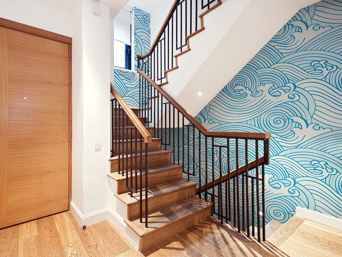 Japanese Waves Pattern Wallpaper on stairwell and landing