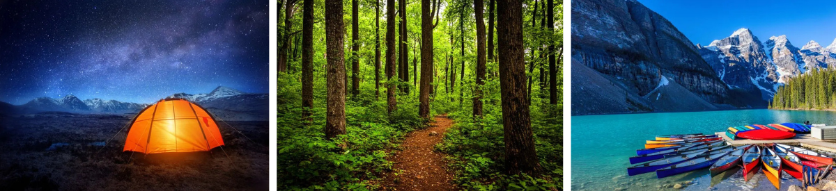 3 outdoor adventure wall murals - camping, hiking and canoeing