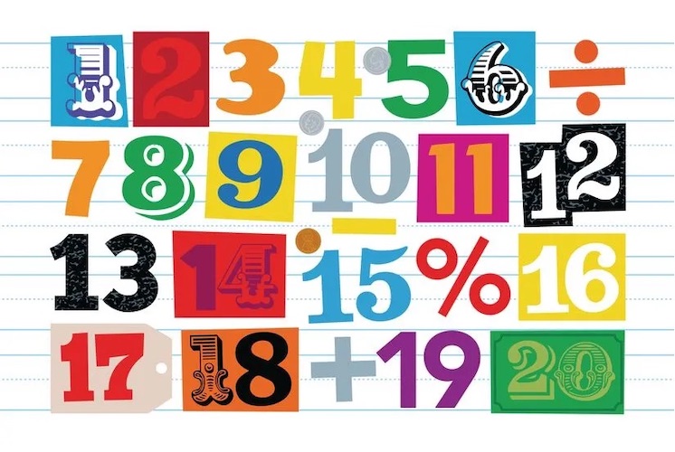 Colorful illustration of the numbers 1 - 20 in different typefaces