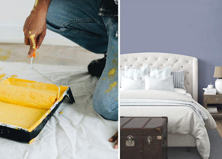 paint tray and roller and bedroom with painted wall