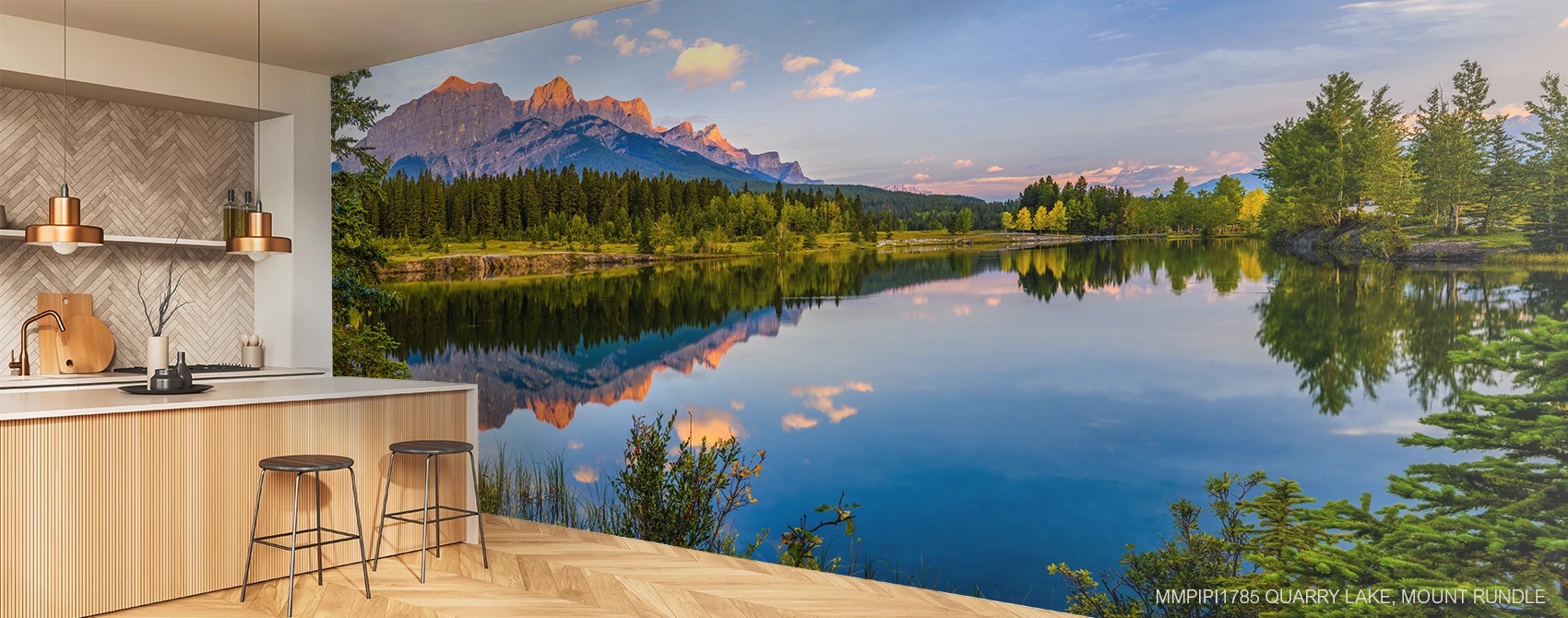 Scenic mountain lake mural in a kitchen