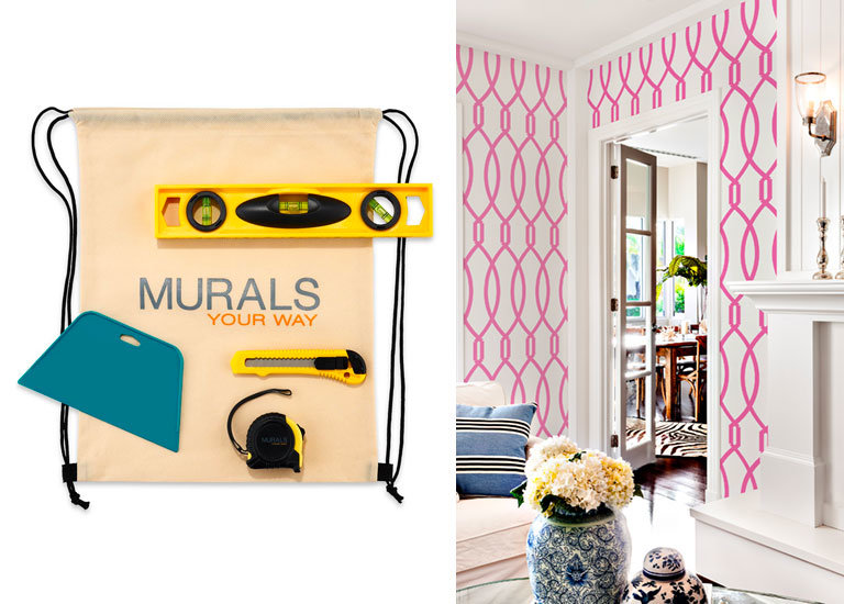 wallpaper installation supplies and living room with pattern wallpaper