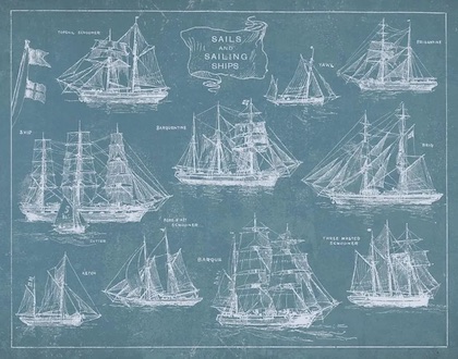 Blueprint with 10 vintage sailing ships