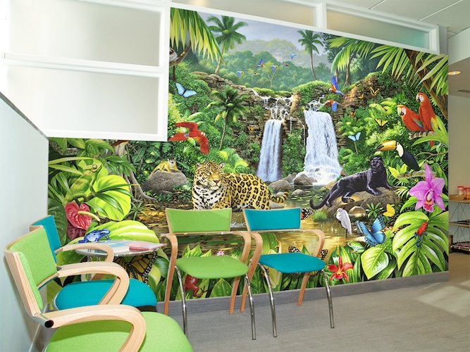 Rainforest jungle animal illustration wall mural in waiting room