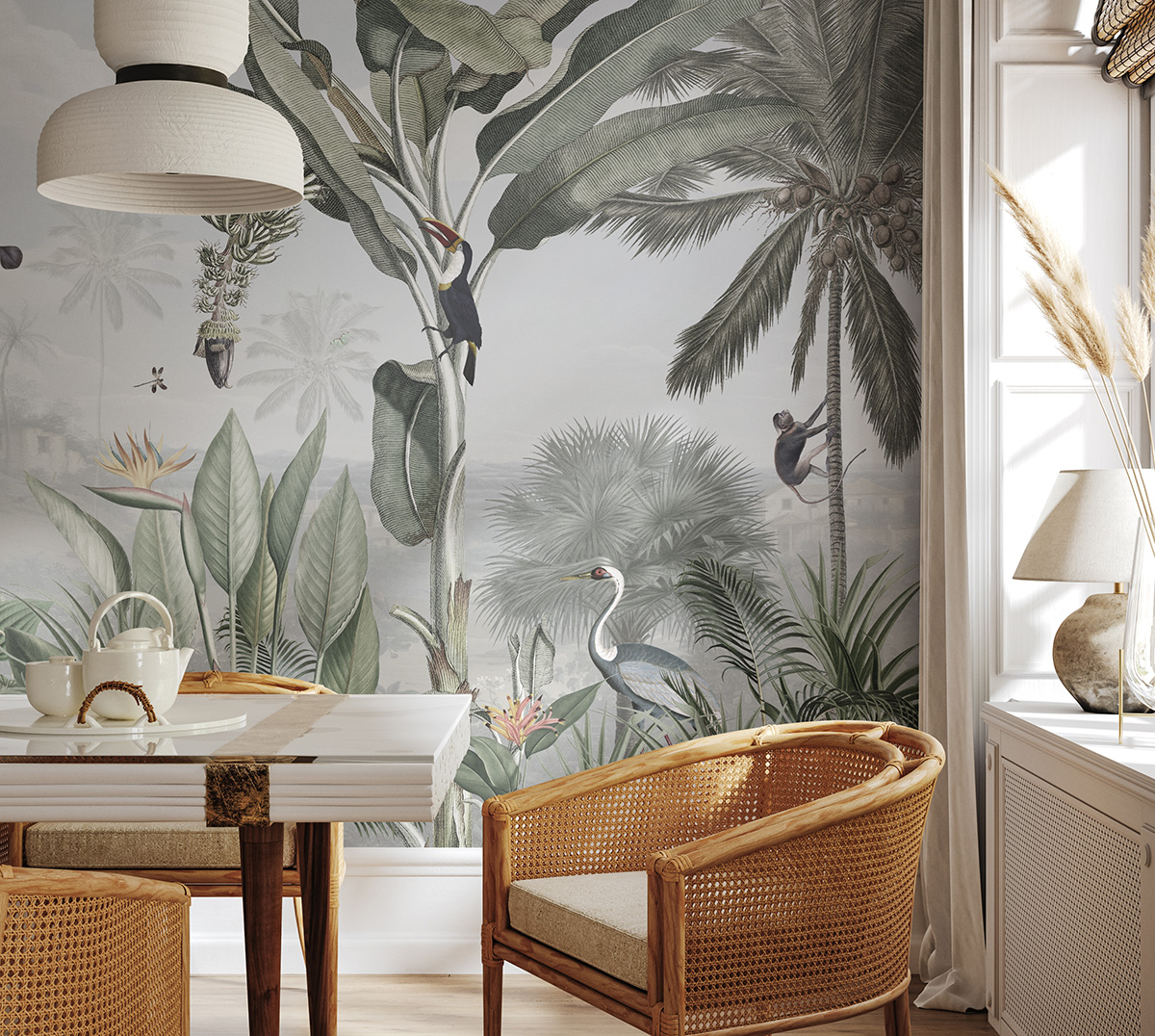 Botanical Beauty Jungle Wallpaper Mural in dining room