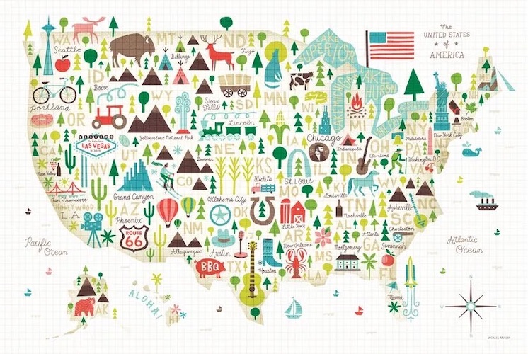 A map of the USA filled with adorable drawings and illustrations of things that represent a region