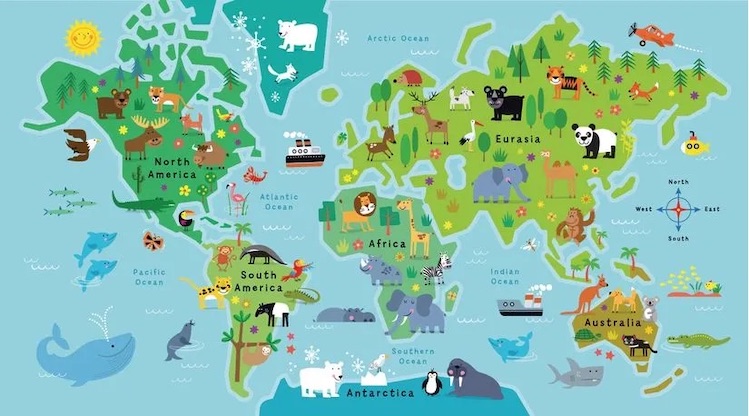 A cute world map showing animals instead of country names