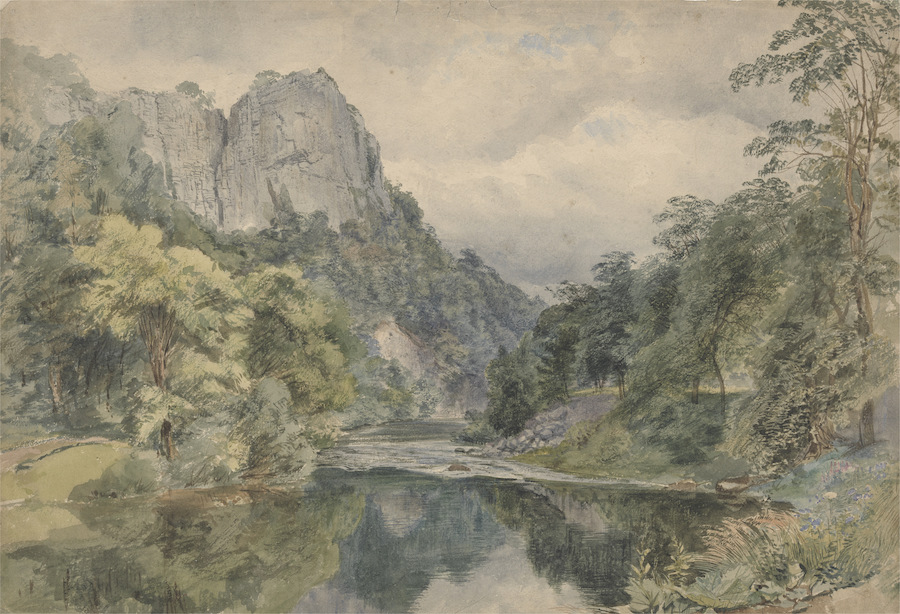 A vintage landscape of a calm river flowing by a rocky mountain through tree lined banks