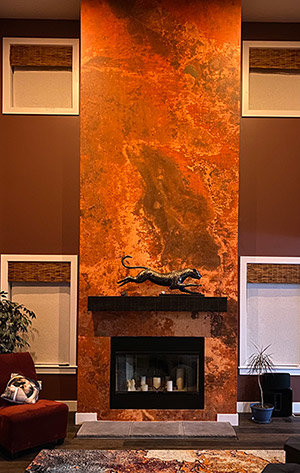 Aging Copper Plate Mural Wallpaper above fireplace