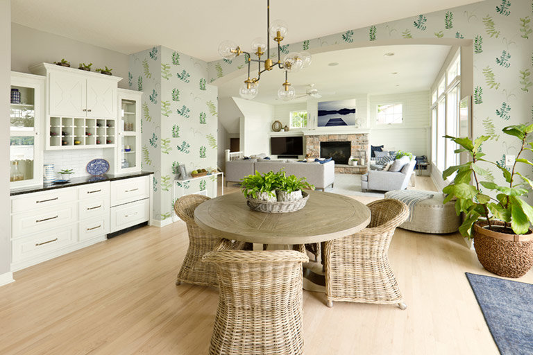 leaf pattern wallpaper mural in a dining room