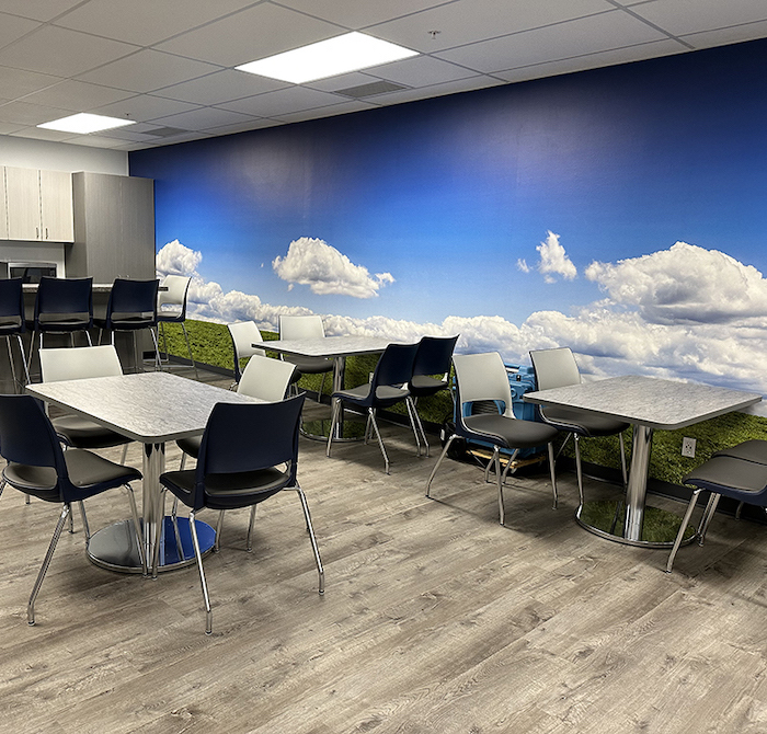 Break room cafeteria with fluffy cloud blue sky and grass field landscape mural