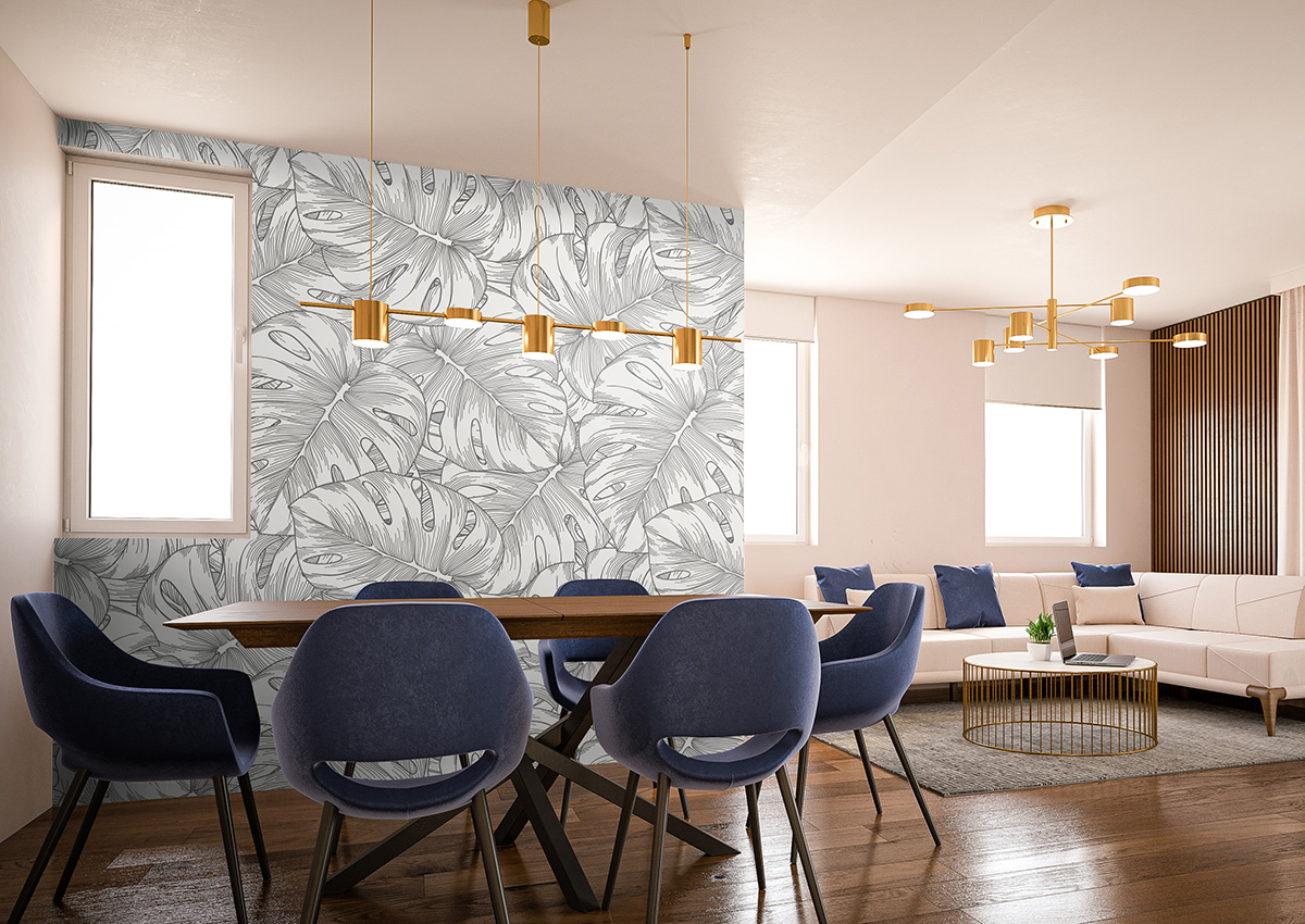 Monstera Leaf Line Pattern Wallpaper in dining room