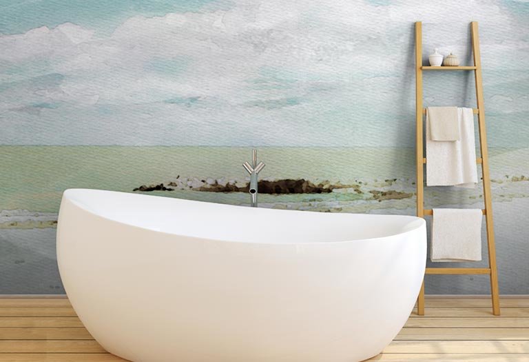 watercolor wall mural in bathroom