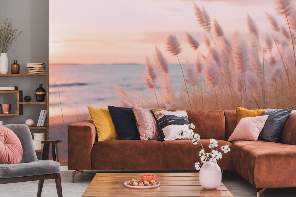 Pampas Grass on the Beach At Sunset mural in a living room with peach accents