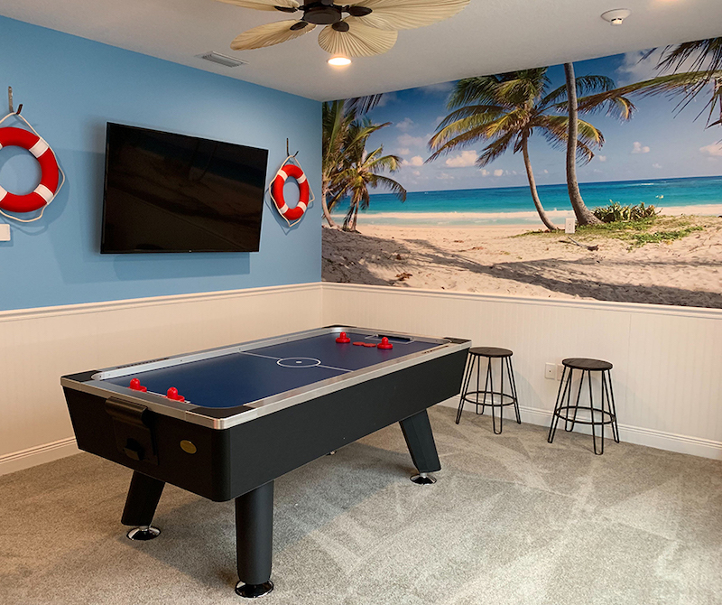 Tropical sandy palm tree beach wall mural in game room