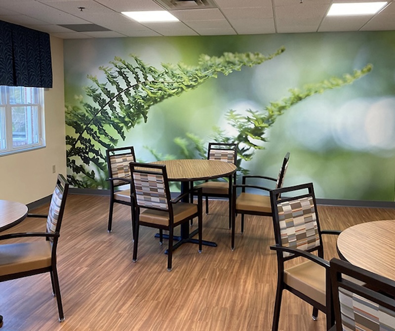 Close up of fern leaves wall mural in cafeteria dining area