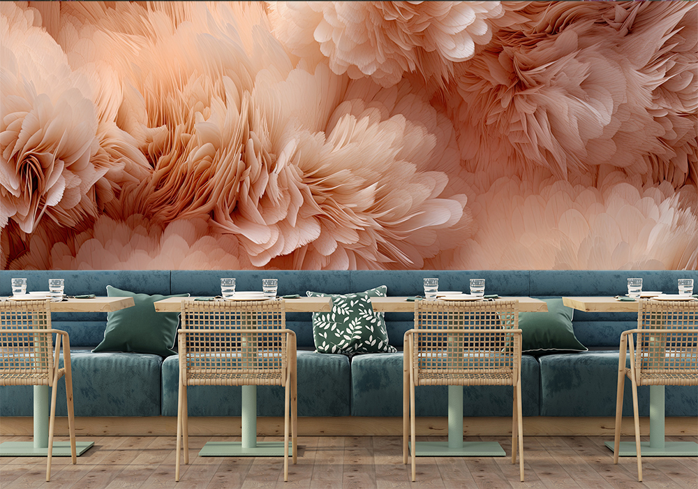 Beautiful Peach Feathers wallpaper mural  on a wall in a living room