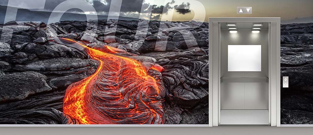 Wall Mural Of Red Hot Molten Lava Flowing Through Black Rocks Surrounding An Elevator On 4th Floor