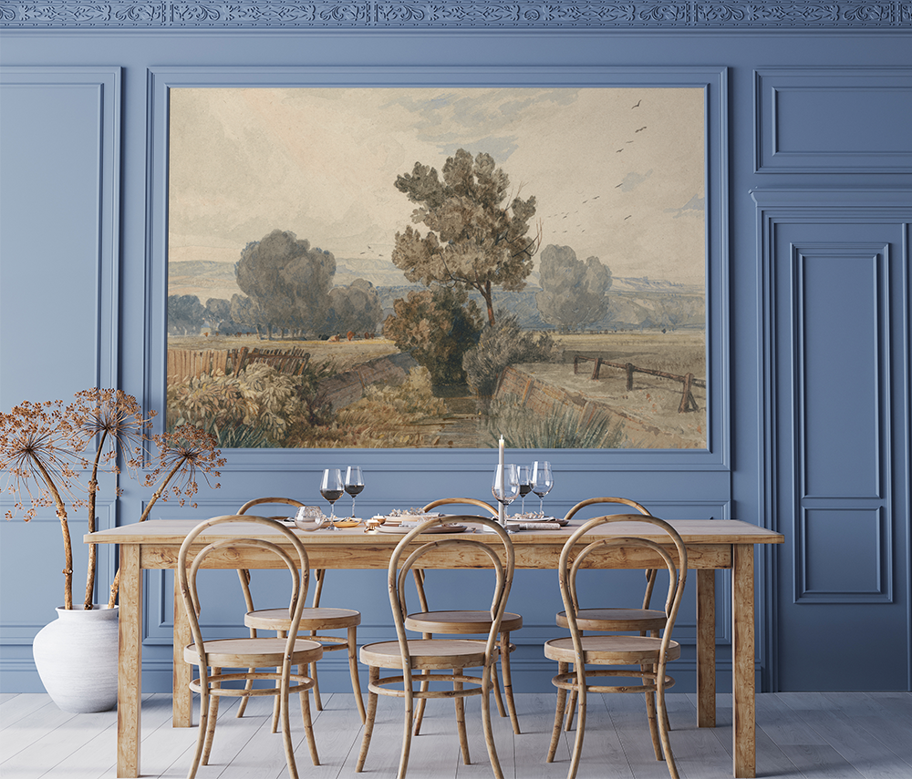 Vintage english countryside mural in a dining room