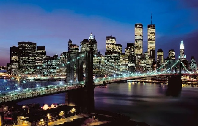 Skyline of New York City with the Brooklyn Bridge and the Twin Towers