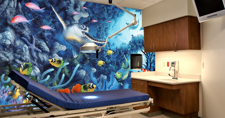 Sea turtle and fish ocean reef wall art mural in medical exam room