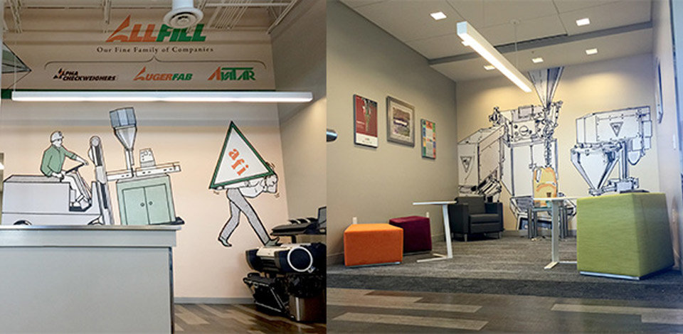 Office Decorated With Wall Murals Of Workers and Machinery
