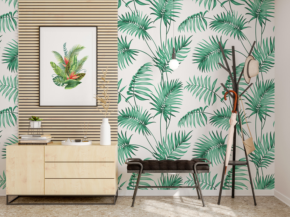 Tropical Palm Leaves Pattern Wallpaper in entry way