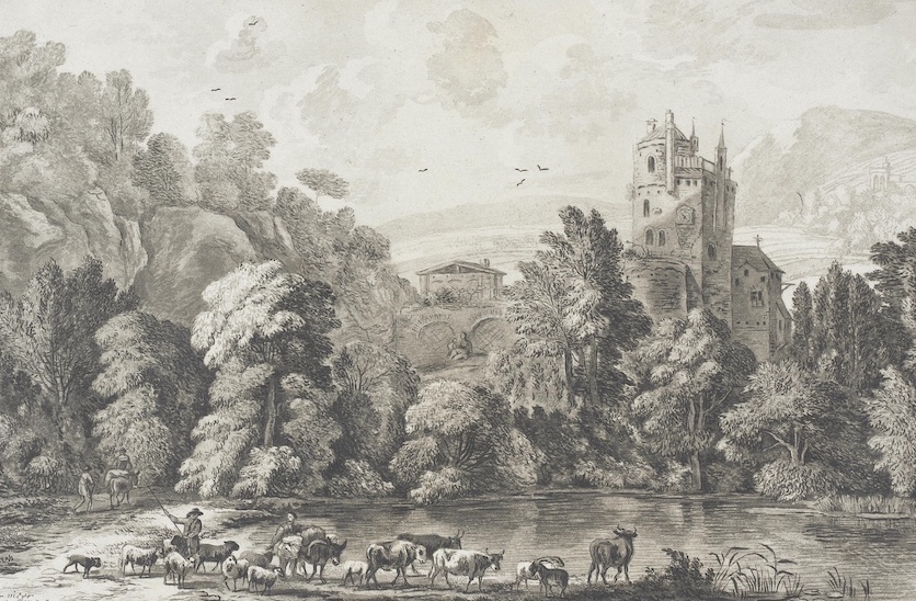 Black and white vintage landscape of a castle on a river with a shepherd tending flock