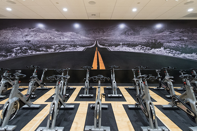 Mural of a road at the front of a cycling room in a hotel fitness area