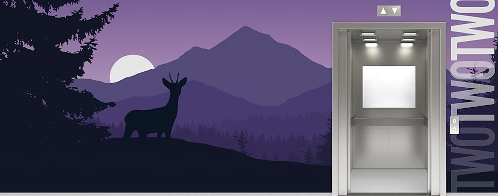 Mountain forest deer silhouette wayfinding mural on elevator wall