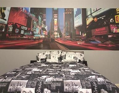 Times square wall mural in bedroom