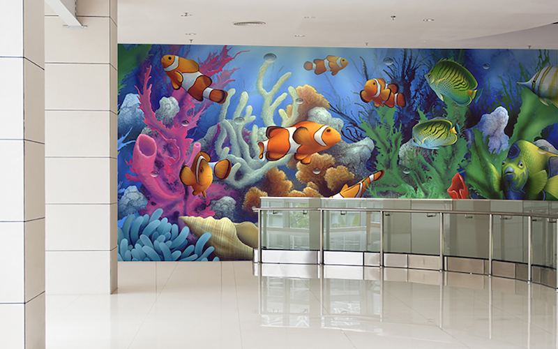 Coral reef sea life wall mural in medical building hallway