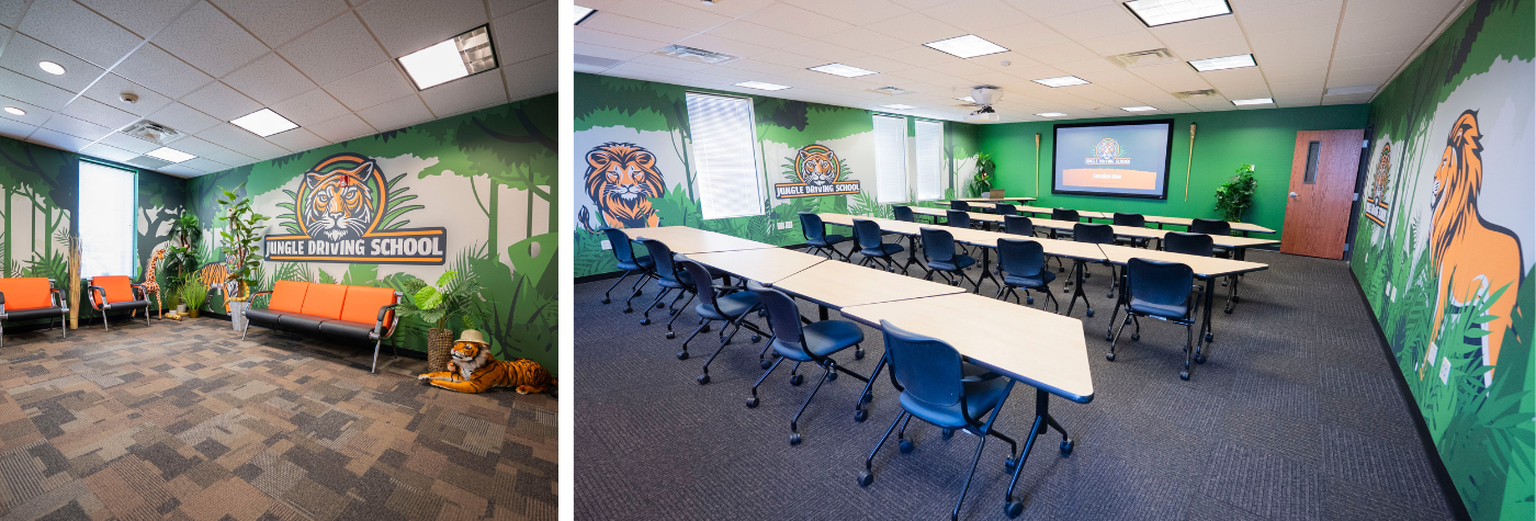 2 examples of murals in Jungle Driving School