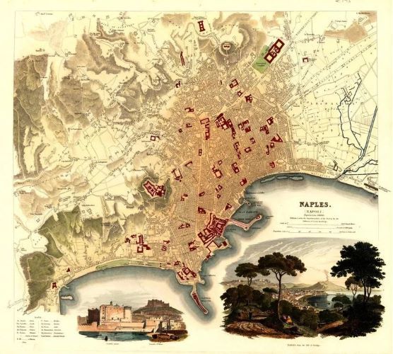 Vintage map of Naples Italy from 1835 with additional artistic scenes